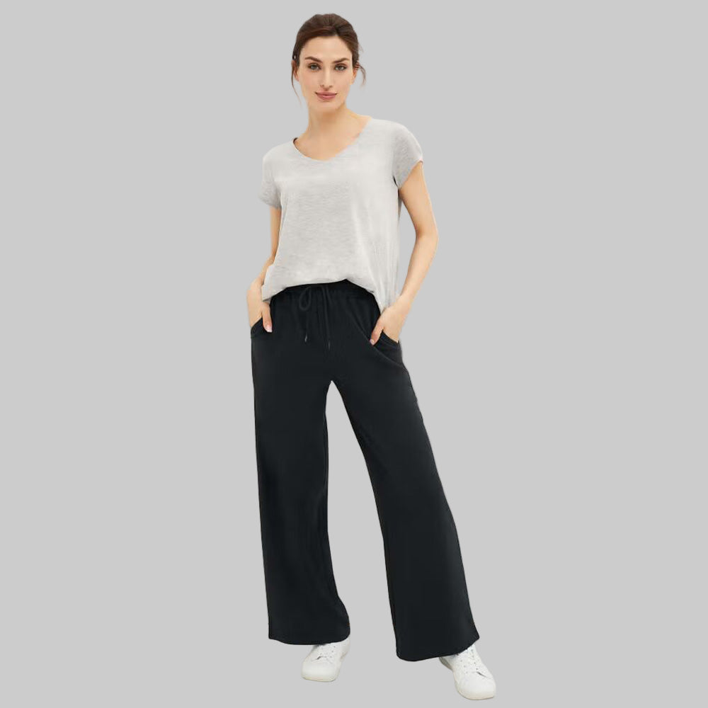 Black Wide-Leg French Terry Sweatpants with elastic drawstring waist and front pockets — soft, full-length plus size lounge pants for women.