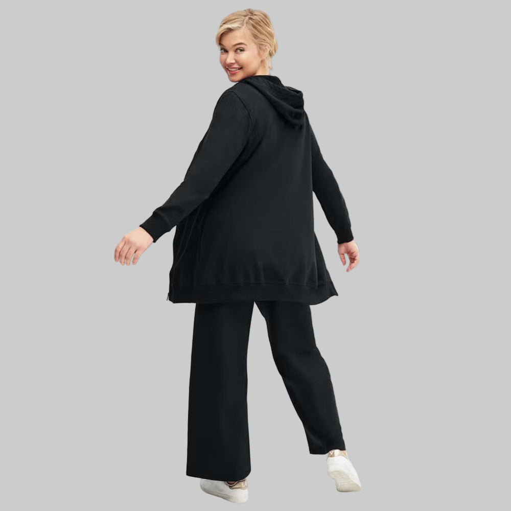 Black Wide-Leg French Terry Sweatpants with elastic drawstring waist and front pockets — soft, full-length plus size lounge pants for women.