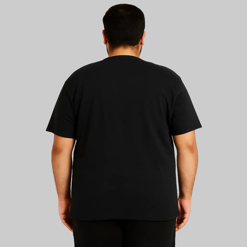 ront view of black plus-size cotton t-shirt with PS chest logo β available in 2XL to 6XL