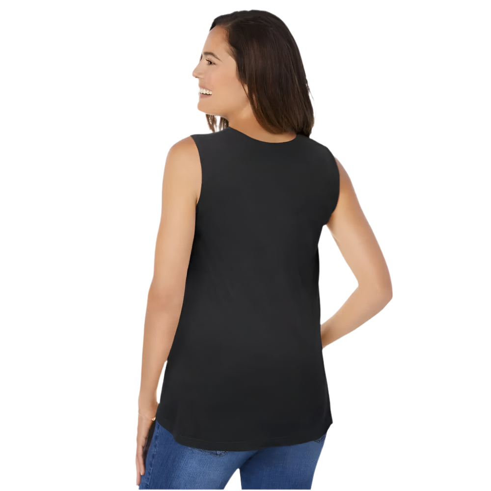 Woman wearing black swing tunic with square neckline, front pleats, and pockets