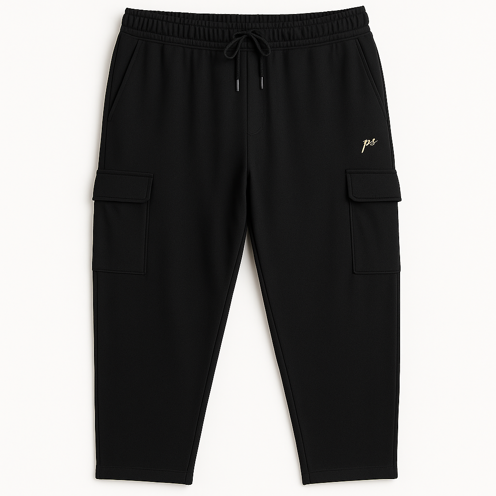 Black Terry Cargo Plus Size Comfort Fit Trousers PSM-10014