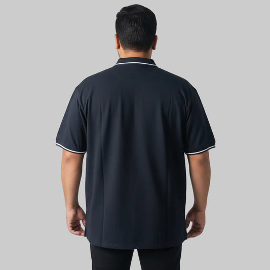 Black plus size polo shirt with Beach Golf embroidered chest patch front view