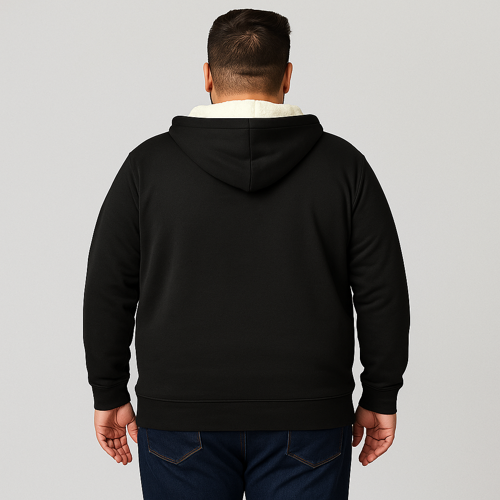 Black sherpa-lined fleece hoodie with full zip front, drawstring hood, and kangaroo pockets — warm and comfortable outerwear for big and tall men.