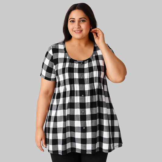 Black Buffalo Plaid knit Pintucks Tunic PSW-5779