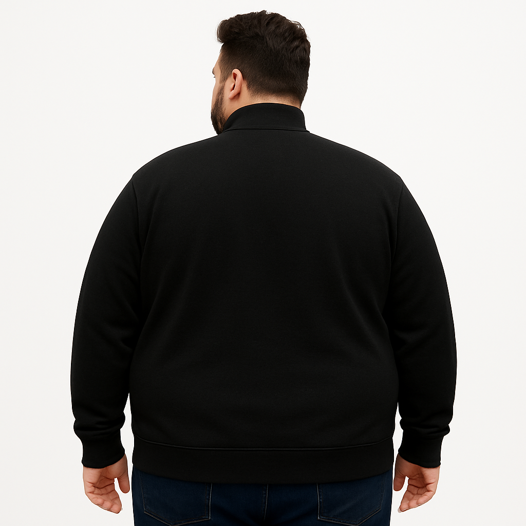 Plus-size Pakistani male model wearing Black & Charcoal Fleece Zip-Up Jacket, front view.