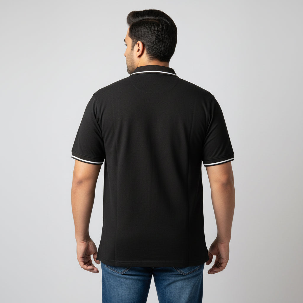 Black Plus Size Polo Shirt with white contrast tipped collar and sleeves flat laid front view.