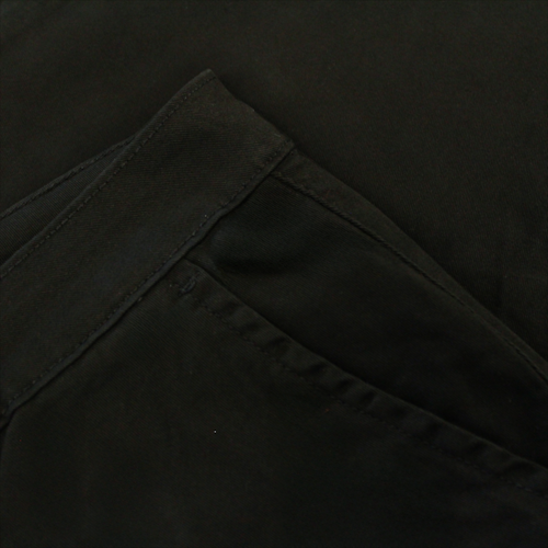 "Men’s black cotton stretch chino pants with slim straight leg, button and zip closure, belt loops, front hand pockets, and rear button-fastened pockets."