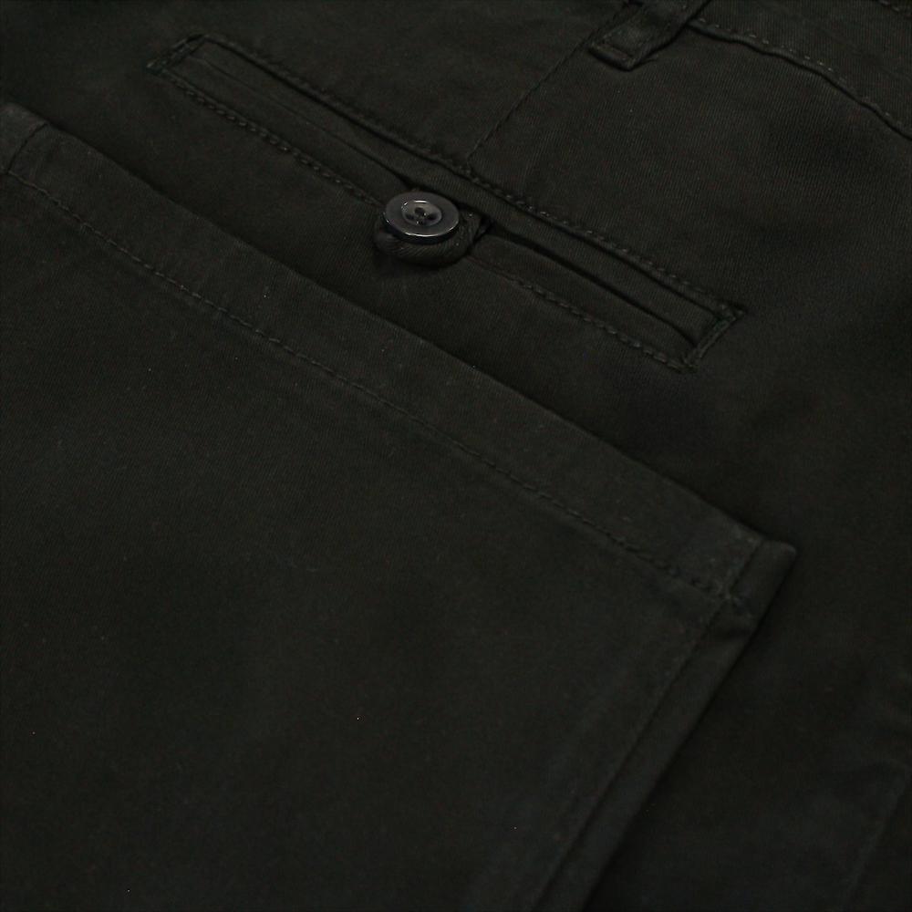 "Men’s black cotton stretch chino pants with slim straight leg, button and zip closure, belt loops, front hand pockets, and rear button-fastened pockets."