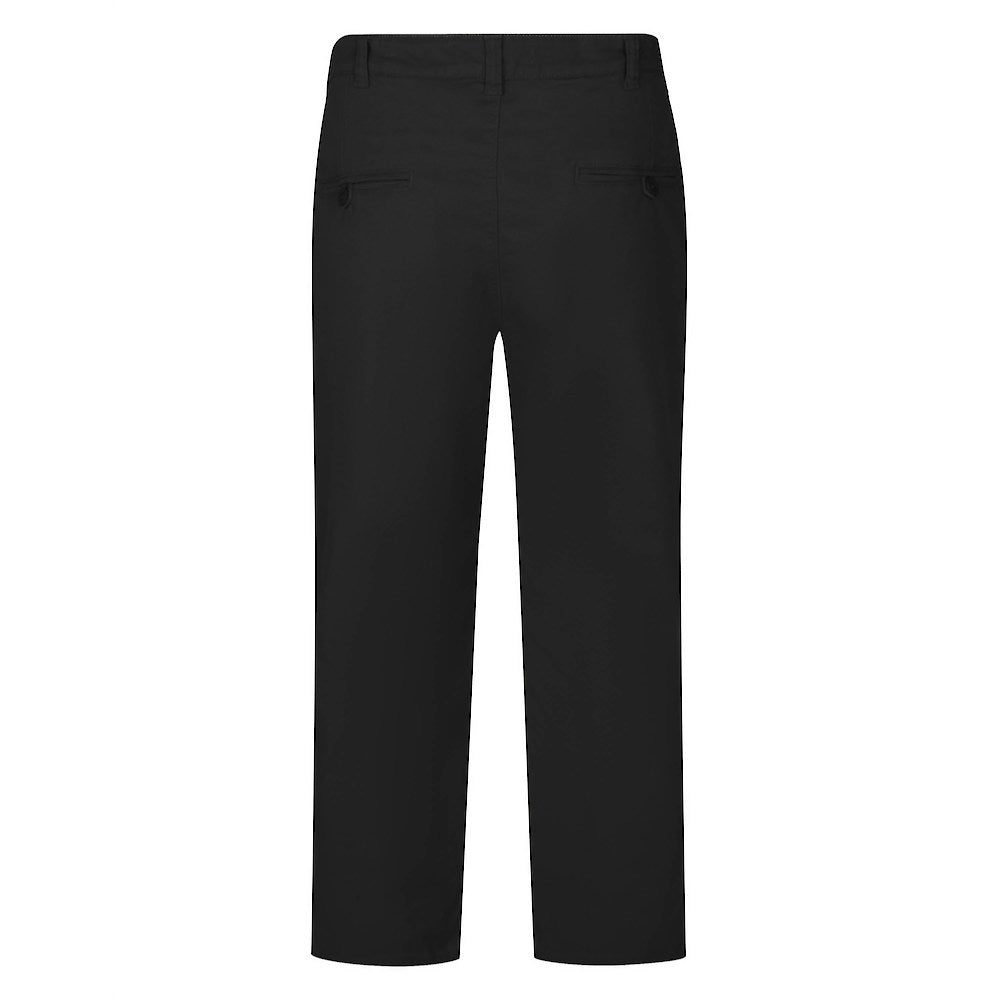"Men’s black cotton stretch chino pants with slim straight leg, button and zip closure, belt loops, front hand pockets, and rear button-fastened pockets."