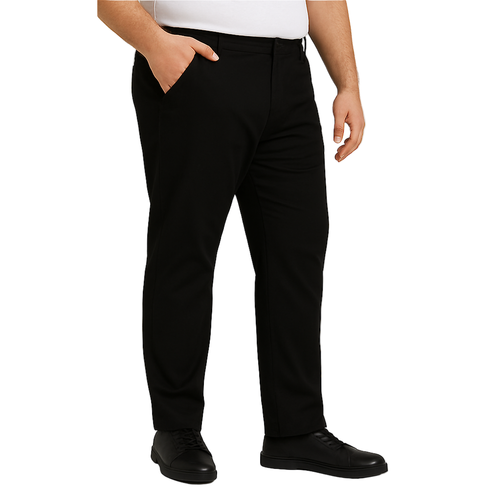 "Men’s black cotton stretch chino pants with slim straight leg, button and zip closure, belt loops, front hand pockets, and rear button-fastened pockets."