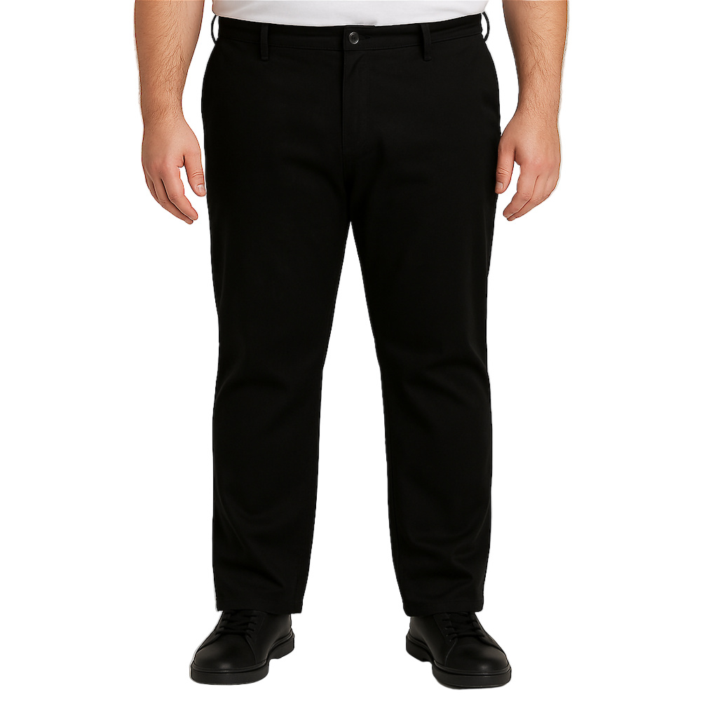"Men’s black cotton stretch chino pants with slim straight leg, button and zip closure, belt loops, front hand pockets, and rear button-fastened pockets."