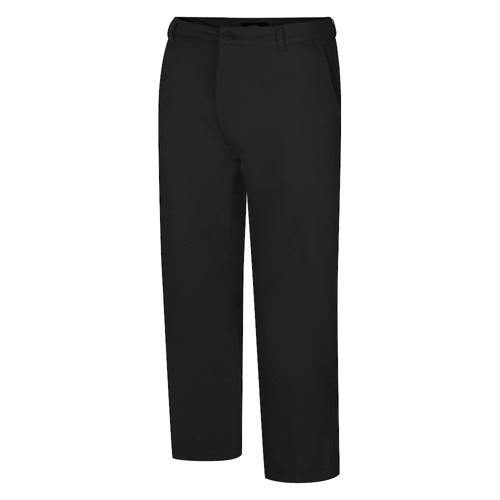 "Men’s black cotton stretch chino pants with slim straight leg, button and zip closure, belt loops, front hand pockets, and rear button-fastened pockets."