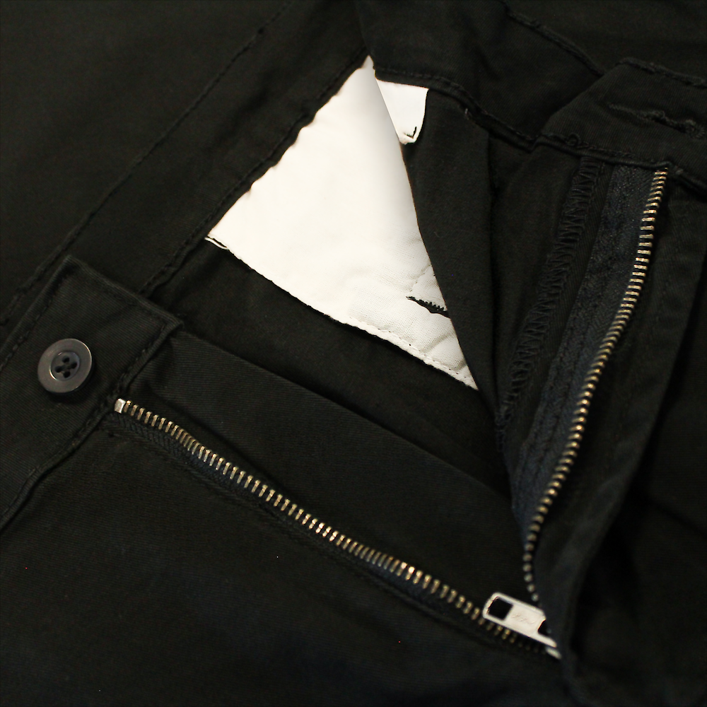 "Men’s black cotton stretch chino pants with slim straight leg, button and zip closure, belt loops, front hand pockets, and rear button-fastened pockets."