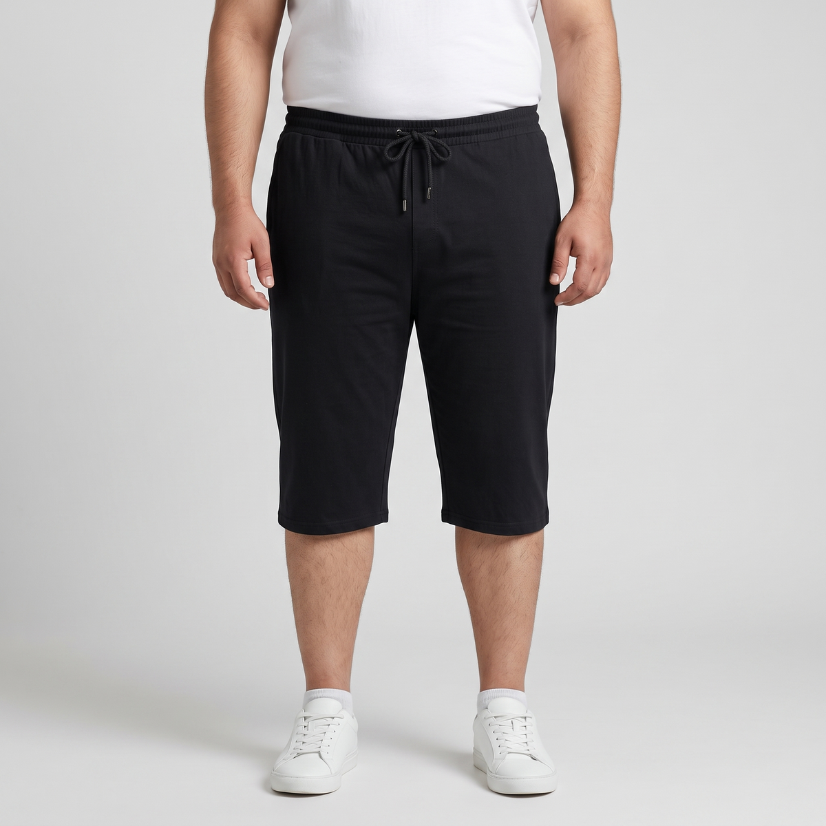 Black Elastic Waist 3 Quarter Jersey Shorts PSM-11365