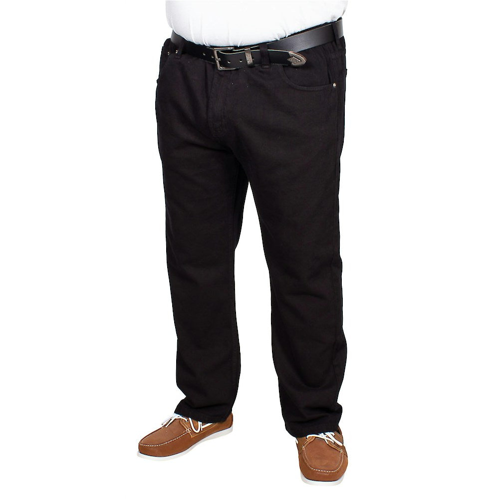 Men’s black elasticated waist jeans with straight leg, button and zip fastening, belt loops, front and rear pockets, crafted from 100% cotton denim