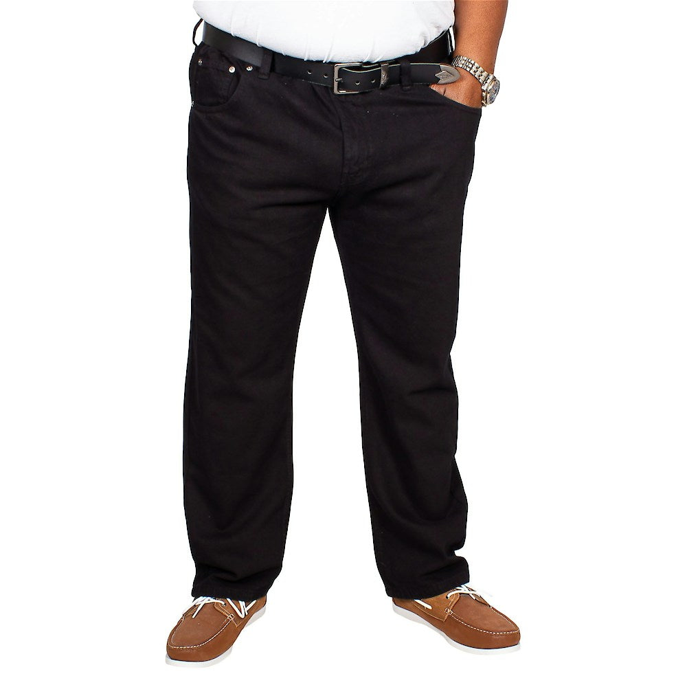 Men’s black elasticated waist jeans with straight leg, button and zip fastening, belt loops, front and rear pockets, crafted from 100% cotton denim
