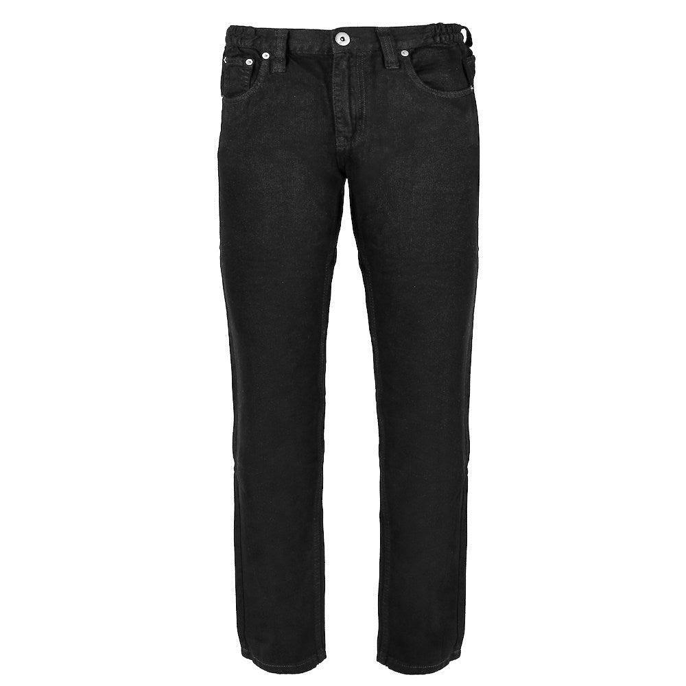 Men’s black elasticated waist jeans with straight leg, button and zip fastening, belt loops, front and rear pockets, crafted from 100% cotton denim