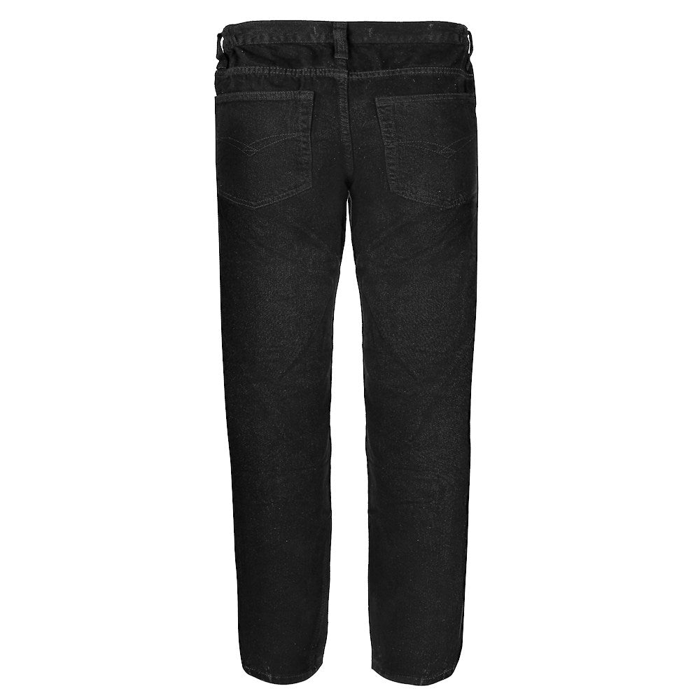 Men’s black elasticated waist jeans with straight leg, button and zip fastening, belt loops, front and rear pockets, crafted from 100% cotton denim