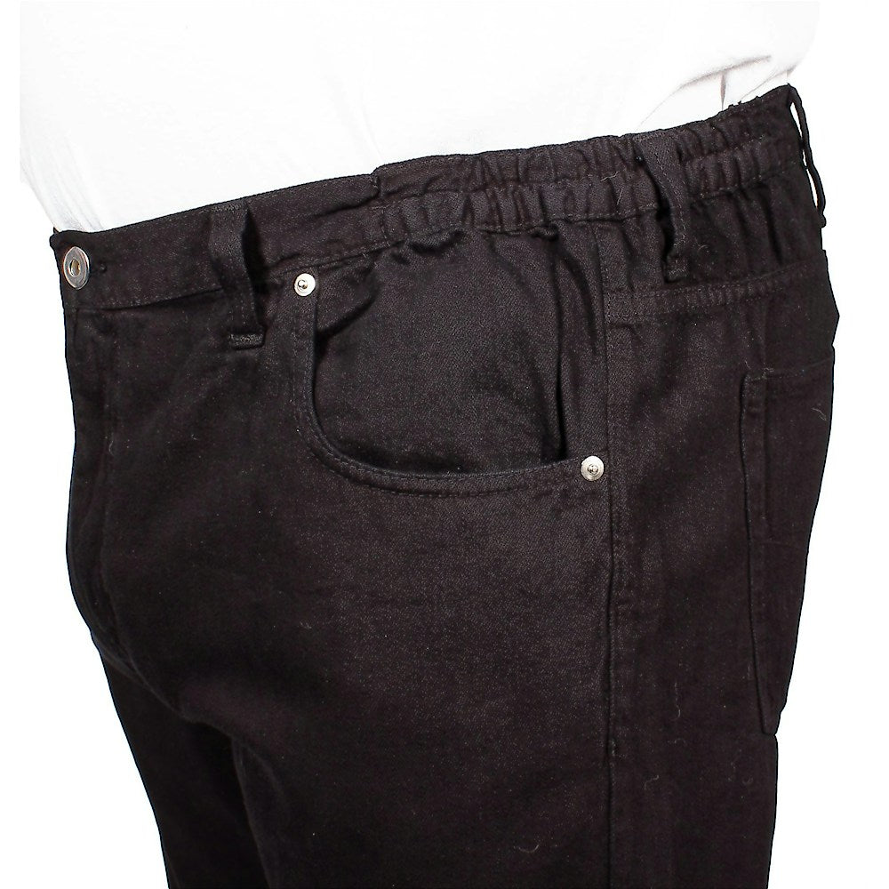 Men’s black elasticated waist jeans with straight leg, button and zip fastening, belt loops, front and rear pockets, crafted from 100% cotton denim