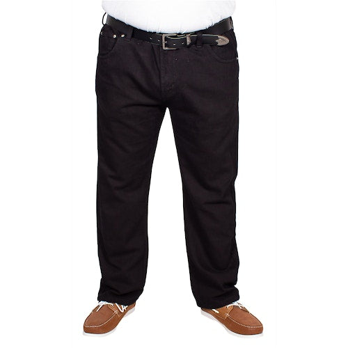 Men’s black elasticated waist jeans with straight leg, button and zip fastening, belt loops, front and rear pockets, crafted from 100% cotton denim