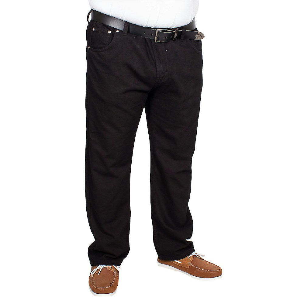 Men’s black elasticated waist jeans with straight leg, button and zip fastening, belt loops, front and rear pockets, crafted from 100% cotton denim