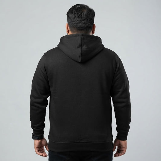 Black fleece zip-up hoodie for men featuring a full front zipper and attached hood.