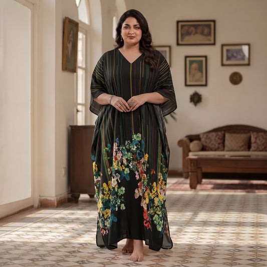 Black Floral Butterfly Print Maxi Kaftan PSW-11742