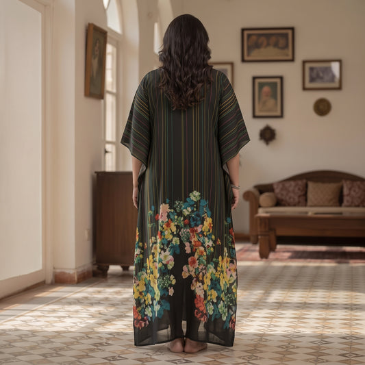 Black Floral Butterfly Print Maxi Kaftan PSW-11742