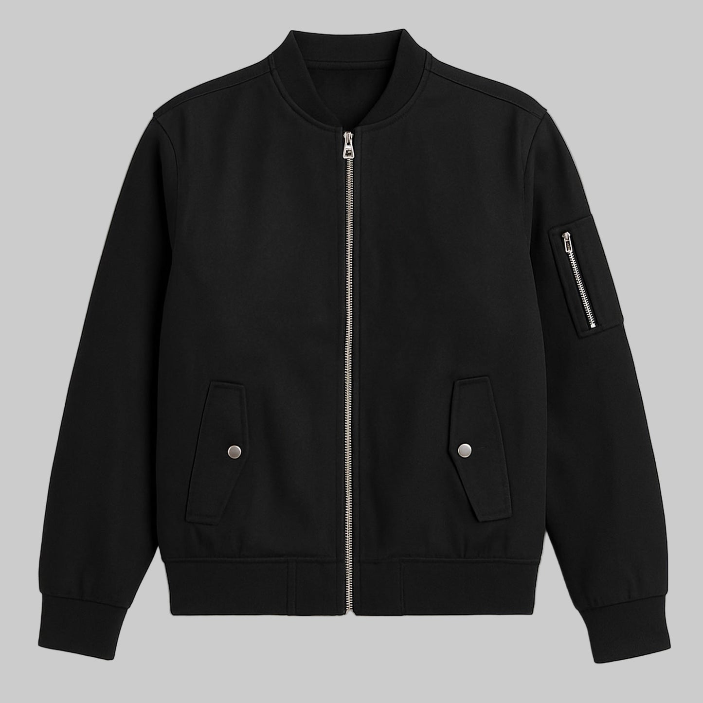 Men’s black full-zip lined mid-length jacket, regular fit, front view.