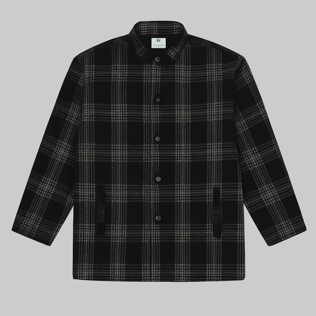 Black & Grey Checkered Plus Size Wool-Blend Winter Jacket PSM-9898
