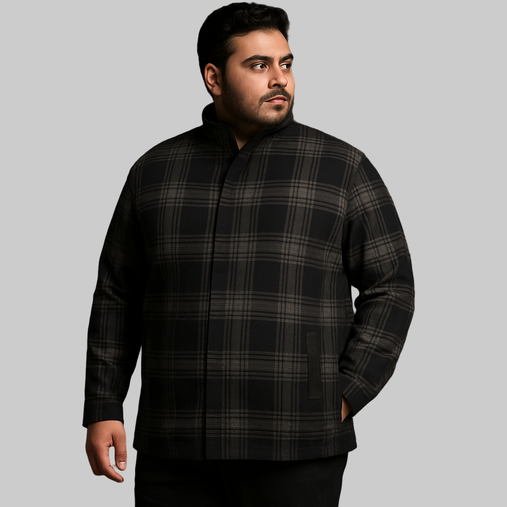 Black & Grey Checkered Plus Size Wool-Blend Winter Jacket PSM-9898