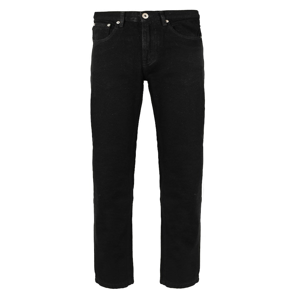 "Men’s black regular fit denim jeans with straight-leg design, zip fly, button closure, and 7 reinforced belt loops for secure hold."