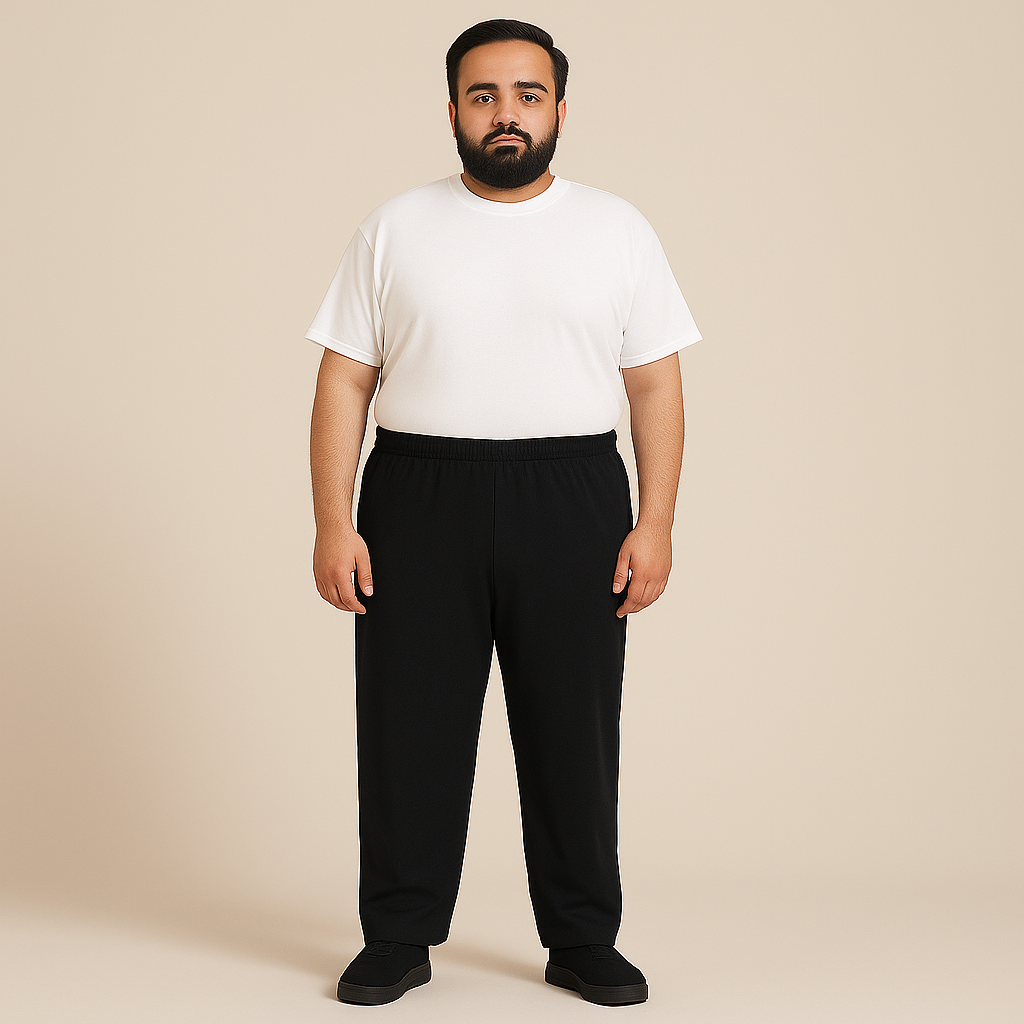 Plus-size lightweight cotton sweatpants with an adjustable drawstring waistband, open bottom, and relaxed fit for ultimate comfort.