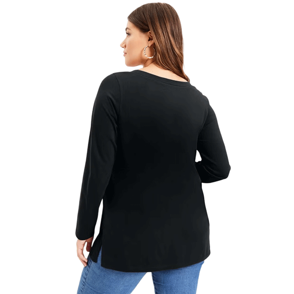 Black Long-Sleeve V-Neck Tunic – Soft Cotton Knit with Stretch