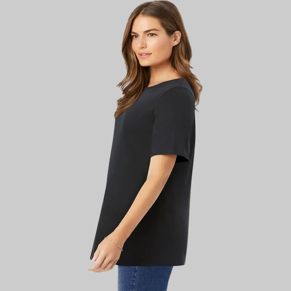 Black Perfect Short-Sleeve Crewneck Tee made from soft jersey fabric with a classic crew neckline and relaxed everyday fit