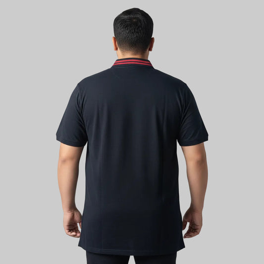 Black plus size polo shirt with red striped rib collar front view