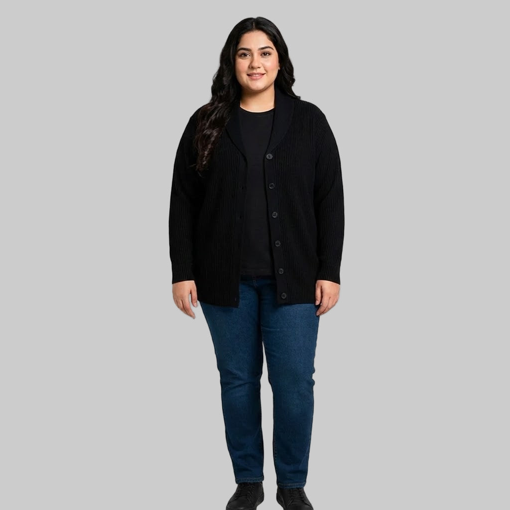 Black Ribbed Shawl Collar Cardigan Unisex Sweater PSM-10394