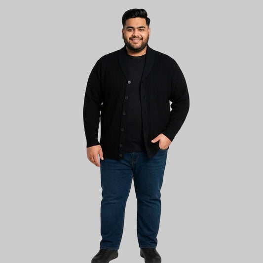 Black Ribbed Shawl Collar Cardigan Unisex Sweater PSM-10394