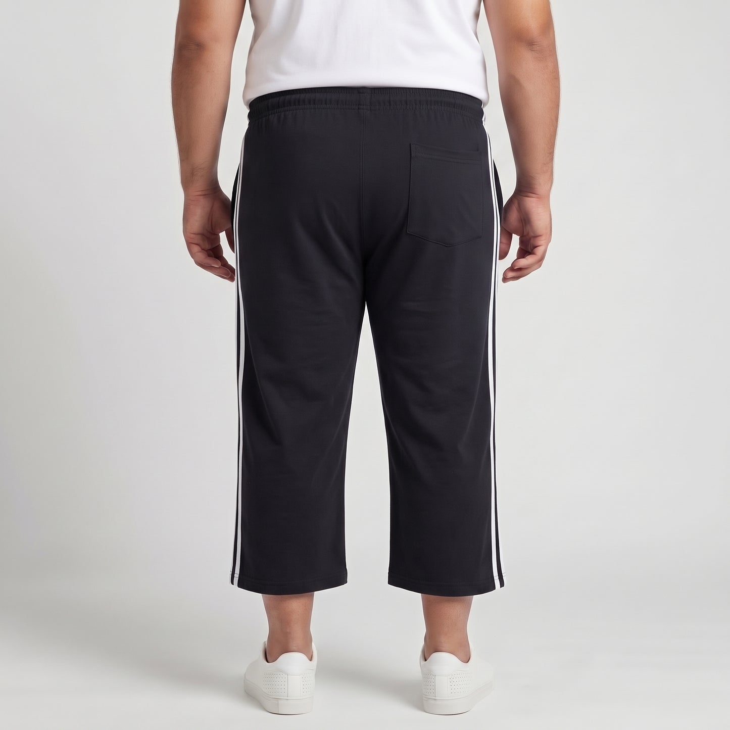 Black and white side stripe 3/4 shorts made from Jersey Cotton fabric