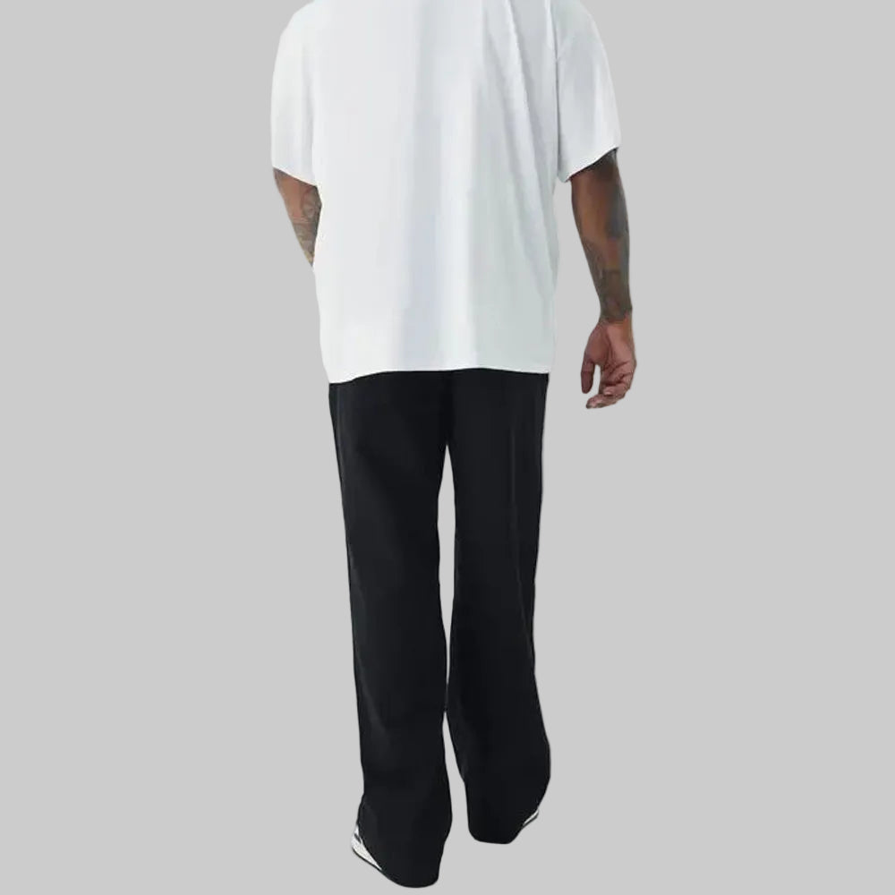 Black wide-leg denim jeans for men with relaxed fit and comfortable casual denim style.