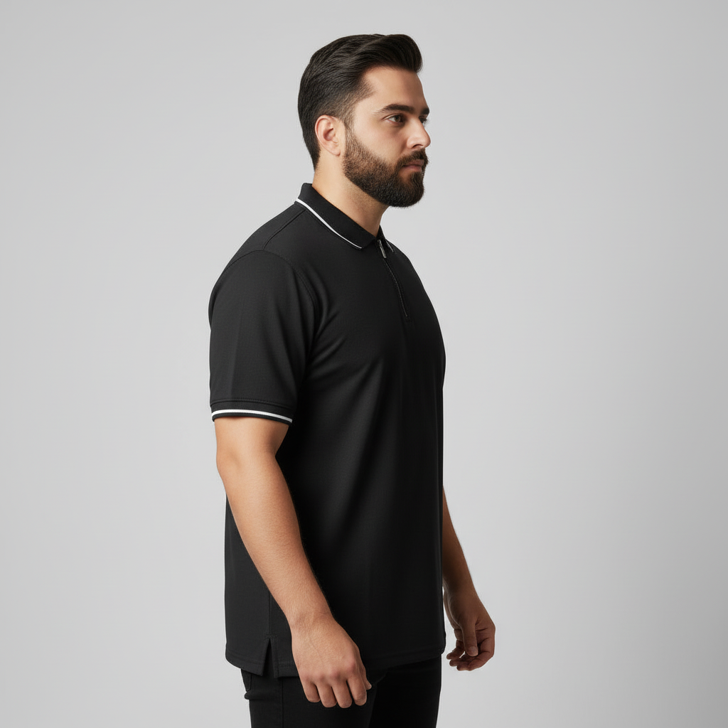 Black Zip Neck Contrast Tipped Plus Size Polo Shirt PSM-10885