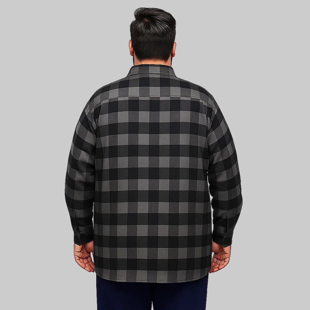 Black buffalo plaid flannel shirt jacket with removable fleece hood displayed on a clean studio background