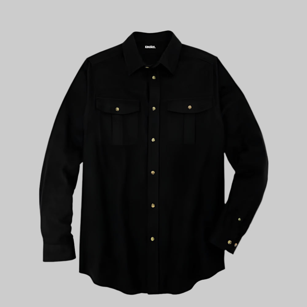 Black solid double-brushed cotton flannel shirt with chest pockets in Big & Tall fit