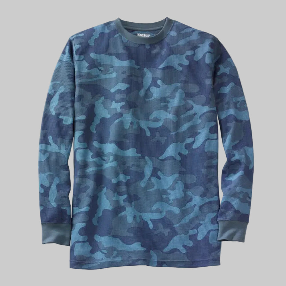 Blue camo big and tall waffle-knit thermal shirt with relaxed fit and ribbed trims.