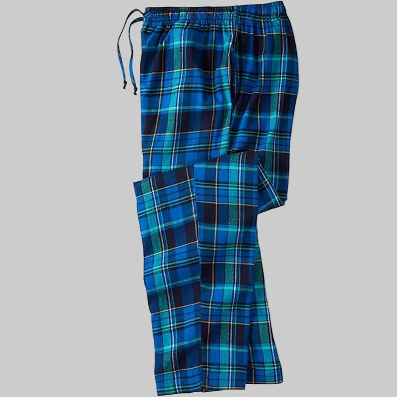 Relaxed fit flannel plaid pajama pants made from soft brushed cotton with full elastic waistband and exterior drawstring, shown on a plain background.