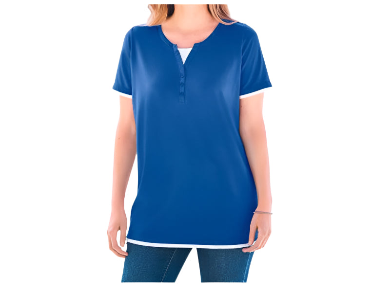 Bright Cobalt Layered-Look Henley Tee with Button Trim – Plus Size Women’s Casual Top in Pakistan