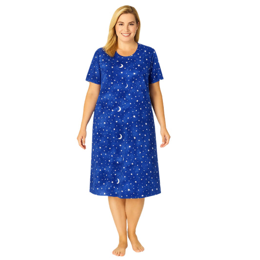 Plus-size woman in a blue tie-dye short sleeve sleepshirt with moon print
