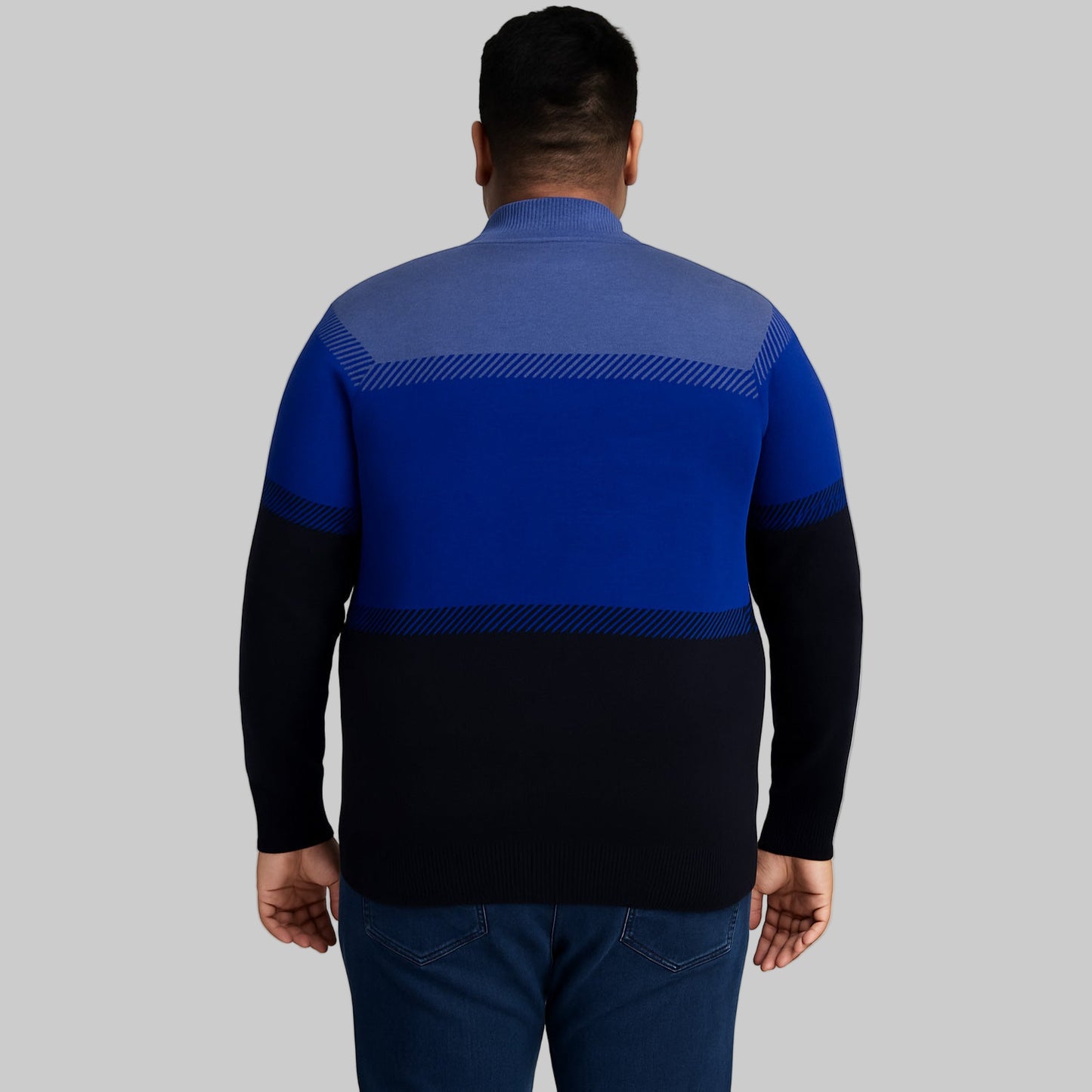 Plus-size male model wearing a Blue Tri-Color Mock Neck Henley Sweater with slate grey, royal blue, and black colorblock design.