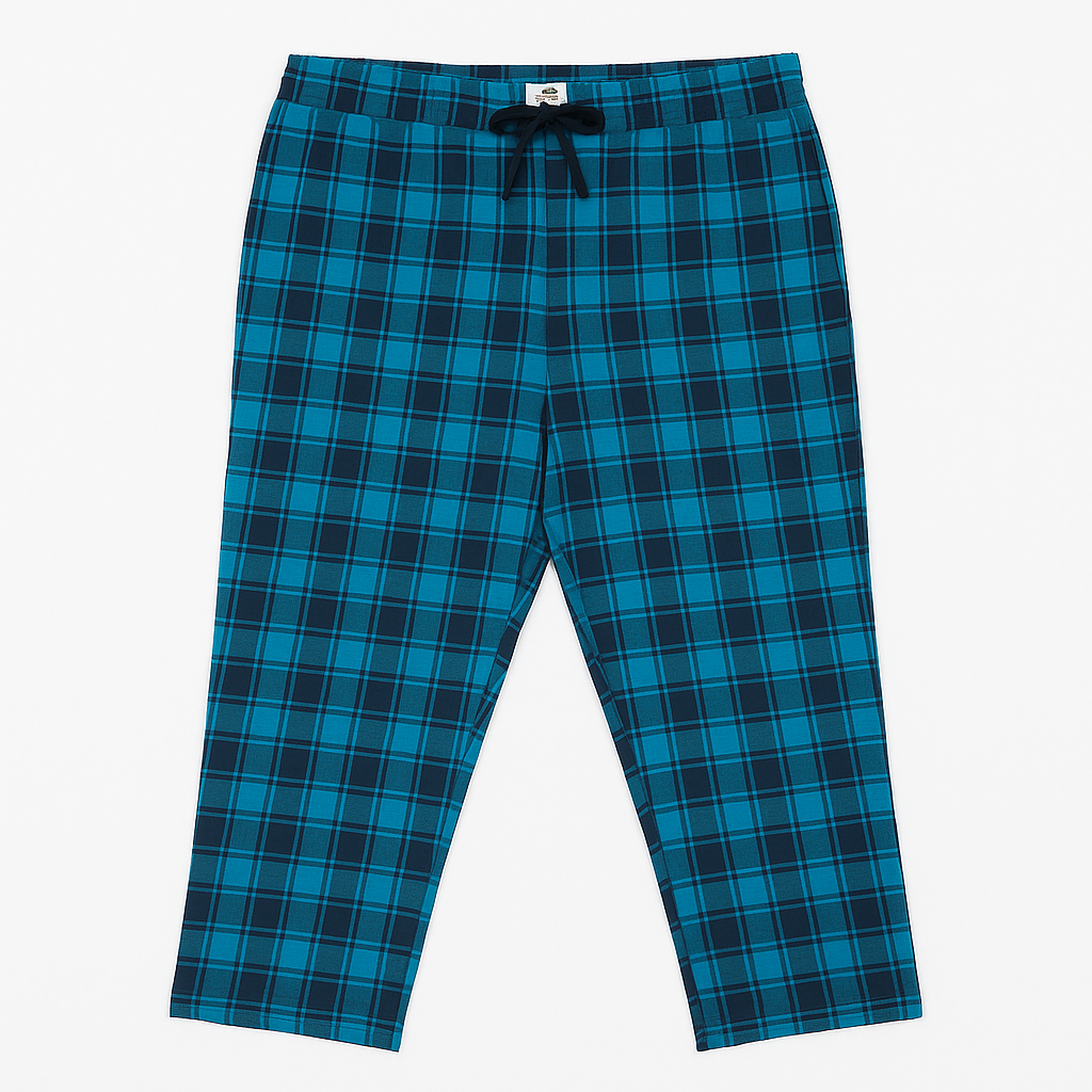 Blue plaid plus-size jersey lycra trousers with drawstring waistband, laid flat on white background