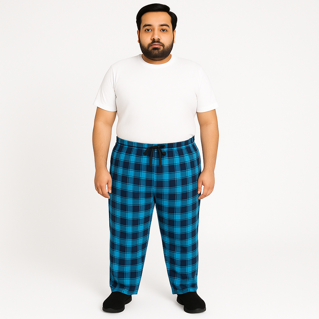 Blue plaid plus-size jersey lycra trousers with drawstring waistband, laid flat on white background